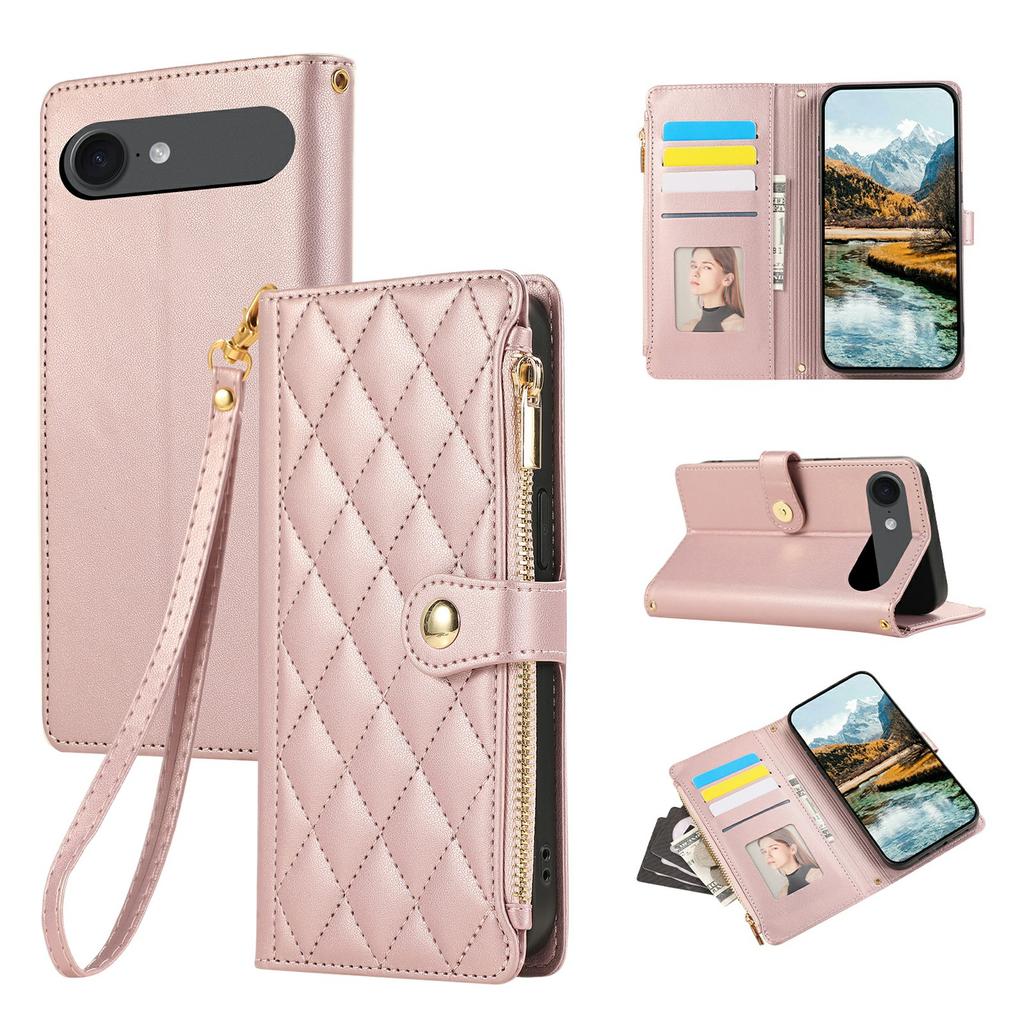 For iPhone 17 Air Case Multi Card Slots Zipper Rhombus Leather Phone Cover with Wrist Strap