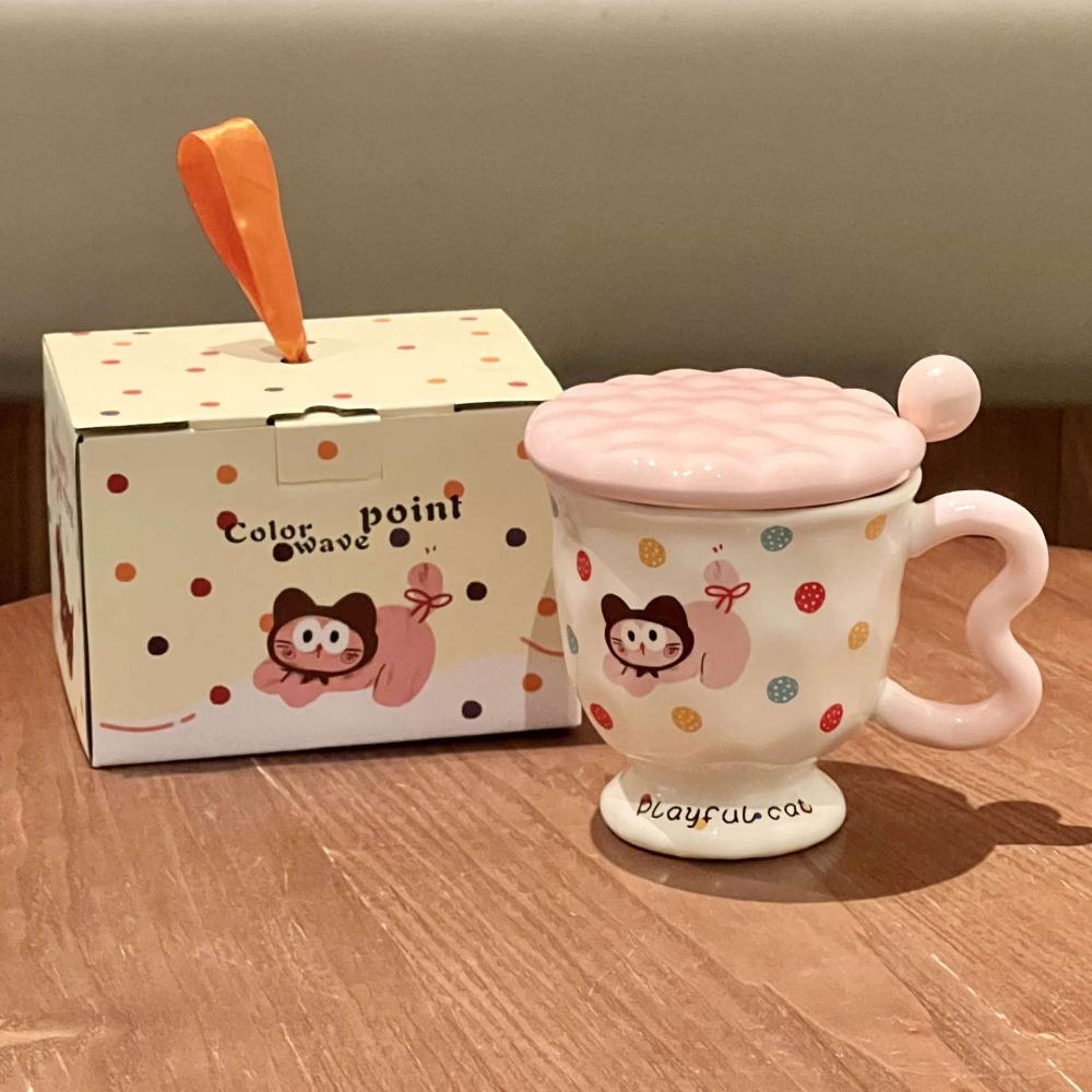 High-value Milk Cute Polka Dot Kitten Mug with Lid Girls Ceramic Cup Birthday Gift Souvenir