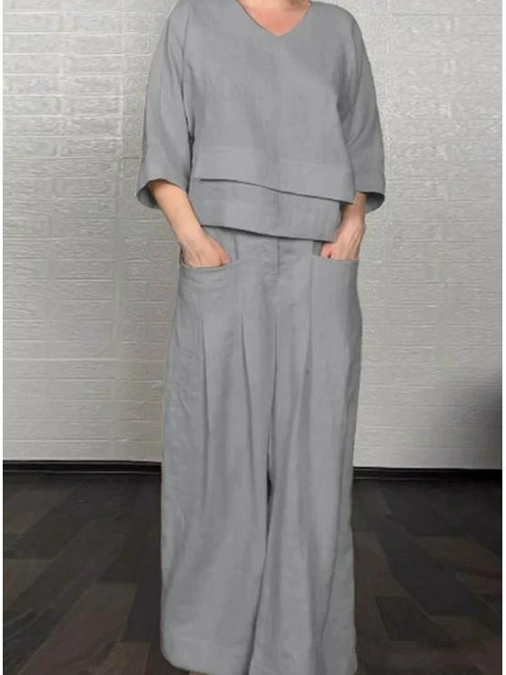 2025 Euro-American Style Solid Color Casual Two-Piece Set: Crew Neck Top & Mid-Waist Pocket Pants