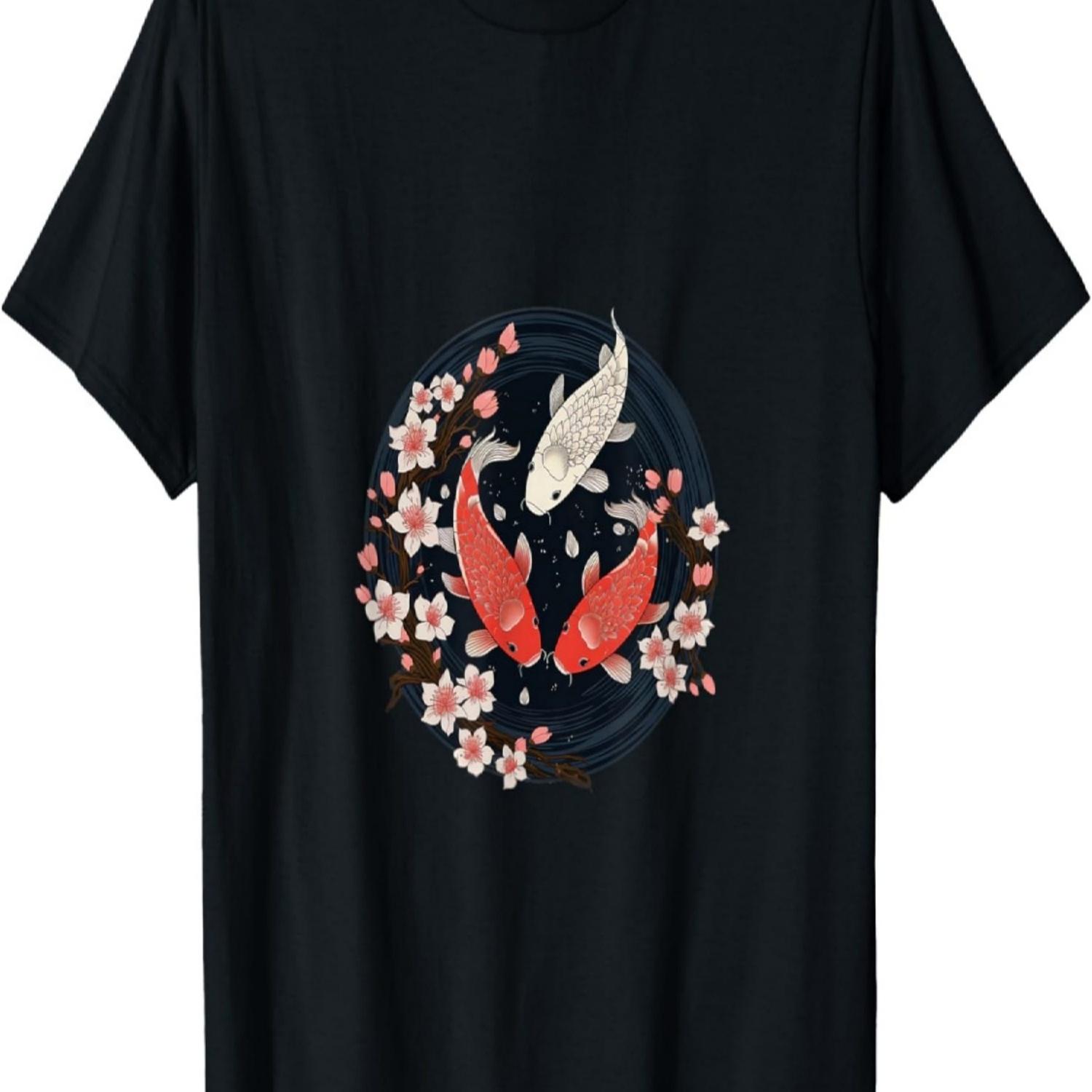 Koi Pond Haven Cherry Blossom Fish Nature Print T-Shirt S