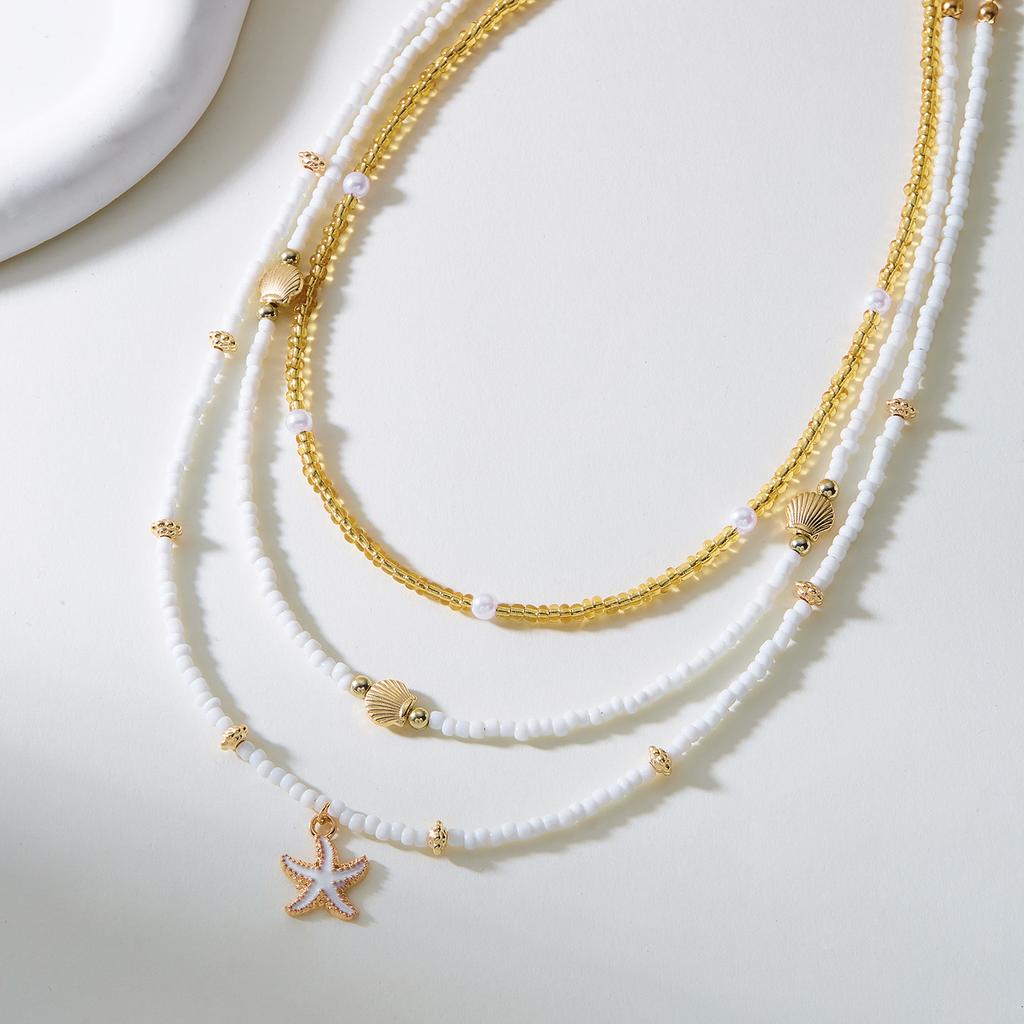 Boho Multilayer Starfish Shell Rice Beads Necklace for Women Vintage Imitation Pearl Bead Stacked Choker Beach Party Jewelry