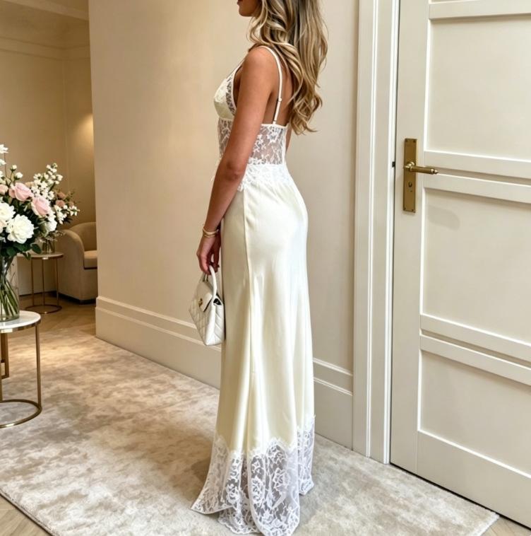 Europäisches und amerikanisches Temperament elegantes tief ausgeschnittenes Trägerkleid, sexy Spice Girl Spitzenpatchwork durchsichtiges rückenfreies Kleid