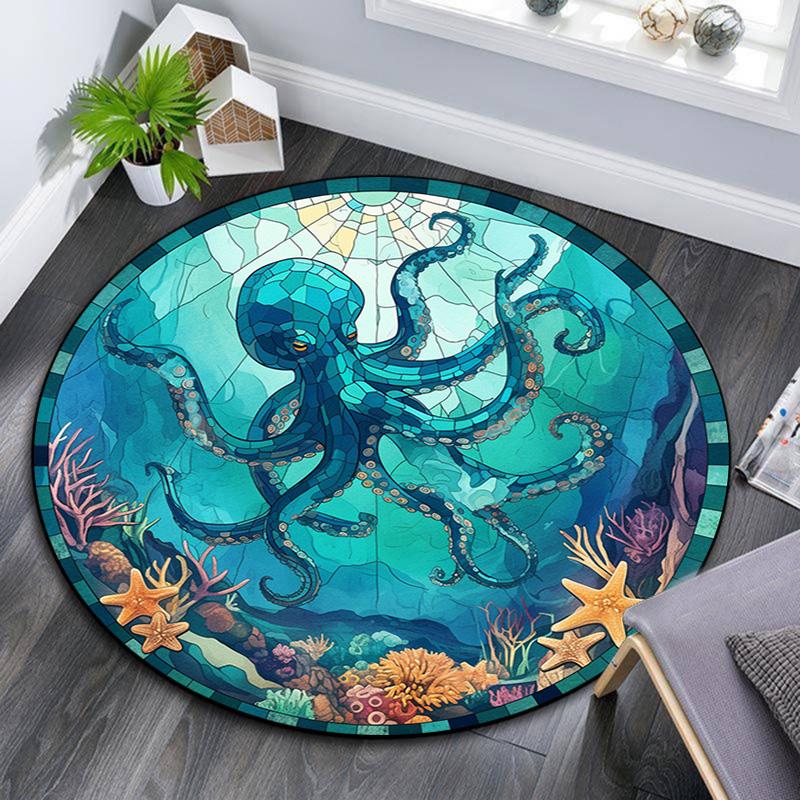 Octopus and Starfish Round Area Rug,Carpet Rug for Living Room Bedroom Sofa Playroom Decor,Non-slip Floor Mat