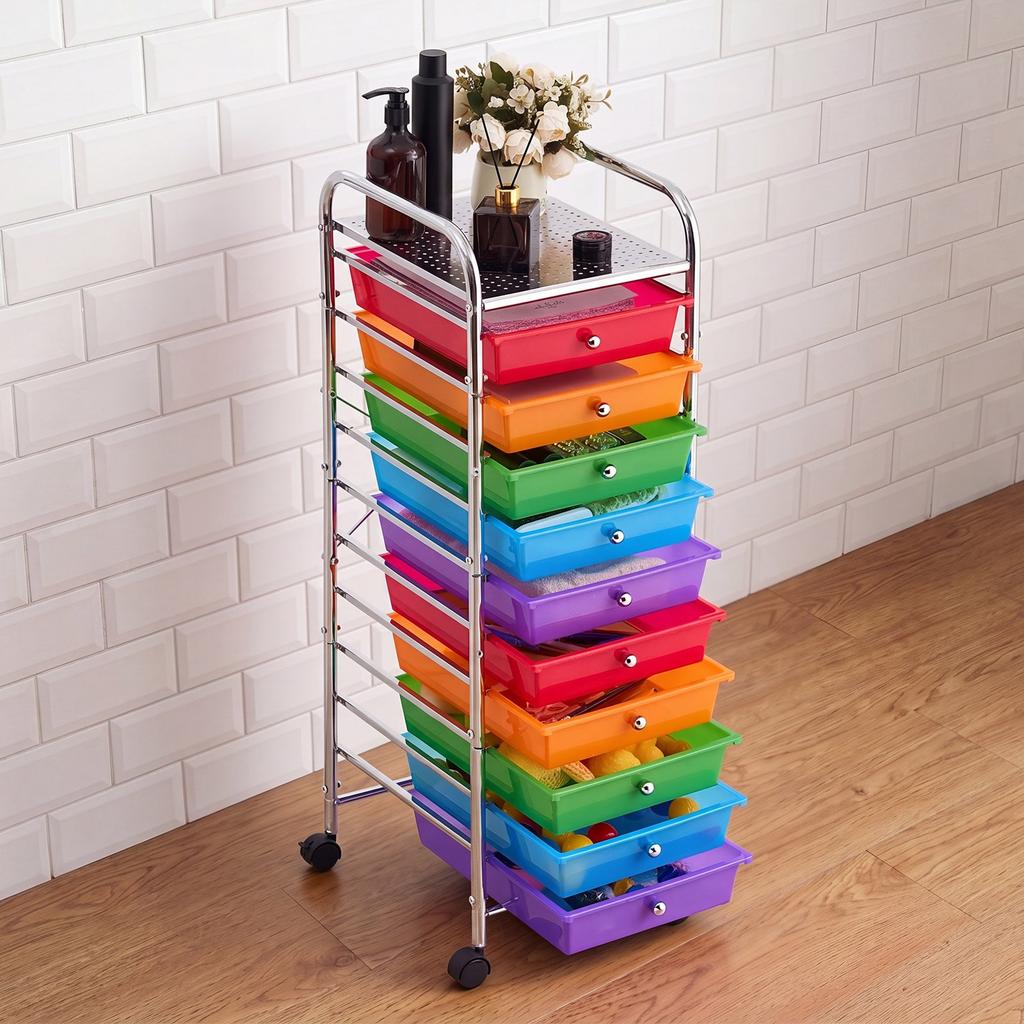 VEVOR Rolling Cart with Drawers, 10 Drawer Storage Organizer, Mobile Utility Cart with Steel Frame, Universal Casters & 2 Brakes