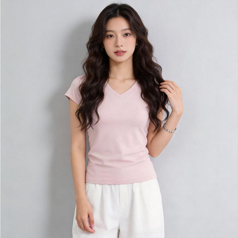 V-Ausschnitt T-Shirt kurzärmelig figurbetontes Oberteil Sport-T-Shirt Damen Sommer vielseitiges T-Shirt