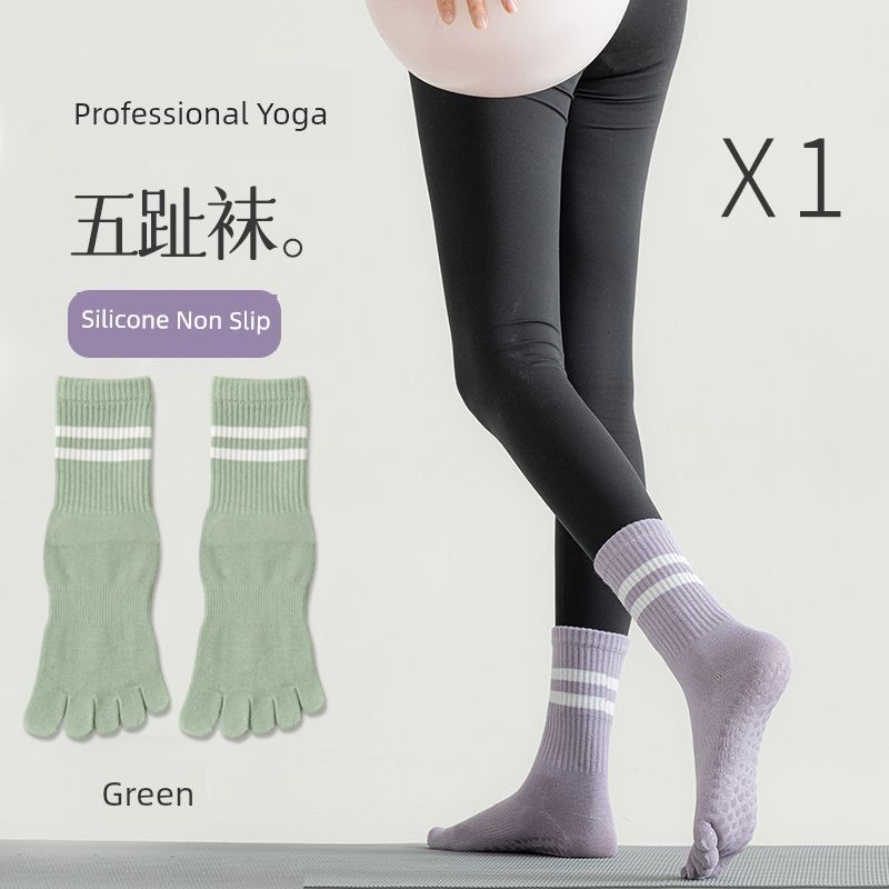 

Full Palm Silicone Toe Socks Female Professional Non-Slip Silent Stable Posture Yoga Socks Fitness Pilates Plaid Breathable [Light green] 1 pair