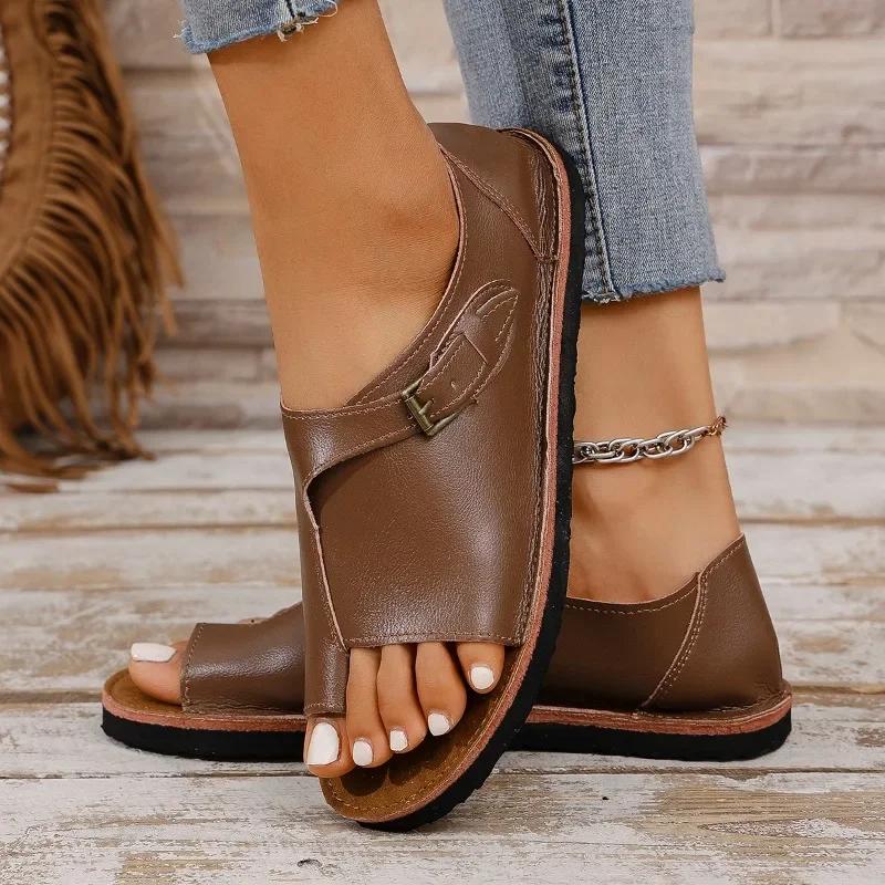 Summer Women's Sandals  New Flat Retro Open Toe DesignerCasual Buckle Foot Fighter Trend Mom Flat Women's Sandals