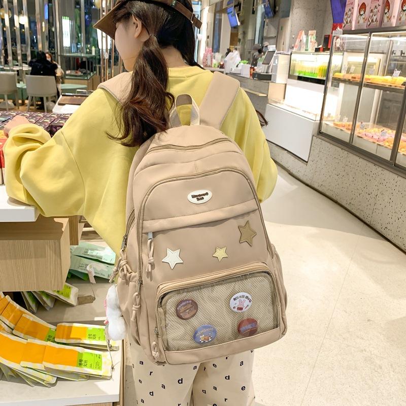 Yiran Bag Women's Black/White/Pink Transparent Badge Pain Bag New Large Capacity Student School Bag Soft Girl Backpack Backpack