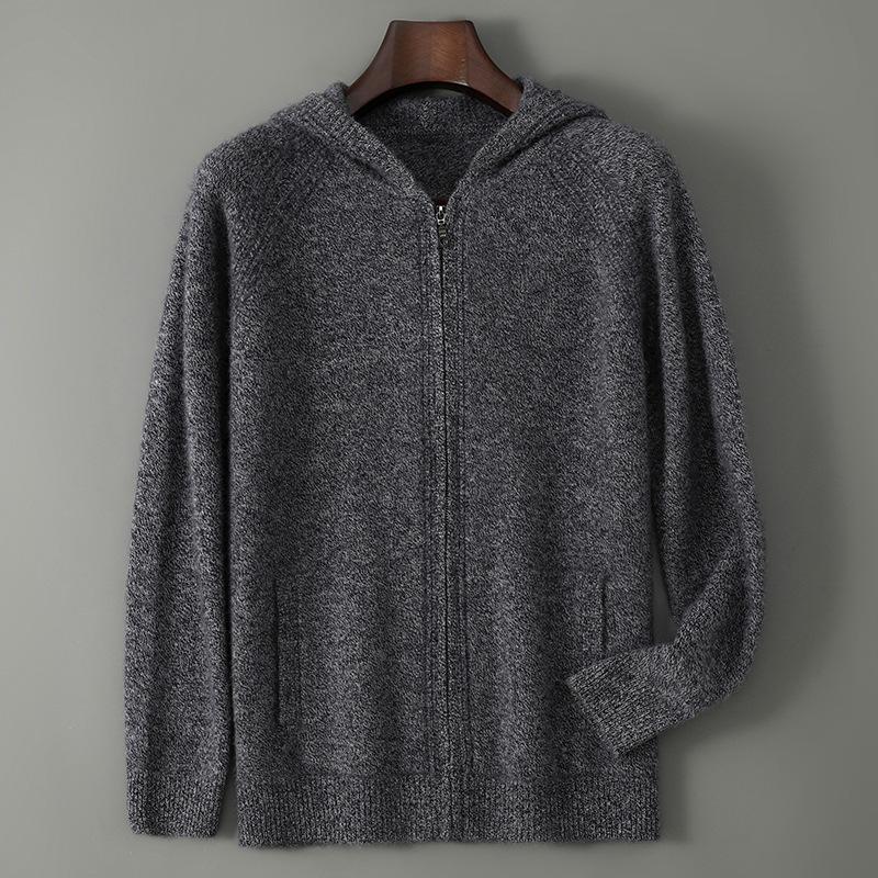 Herren Kapuzen-Reißverschluss-Strickjacke aus reiner Wolle - Dicker Strickpullover-Mantel für Freizeit oder Business