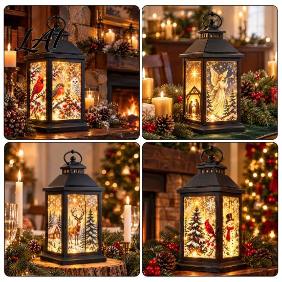 Winter Seasonal Lighting Interchangeable Crystal Lantern 4 Replaceable Holiday Scene Panels Night Light Cozy Fairy Light Lamp Theme Decorative