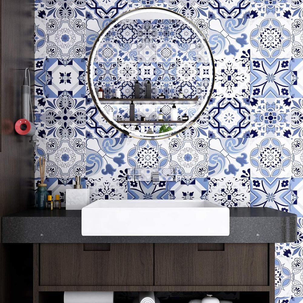 HaoHome Self Adhesive Contact Paper Backsplash Peel and Stick Wallpaper Moroccan Tile Waterproof Removable Blue Tile Wallpaper