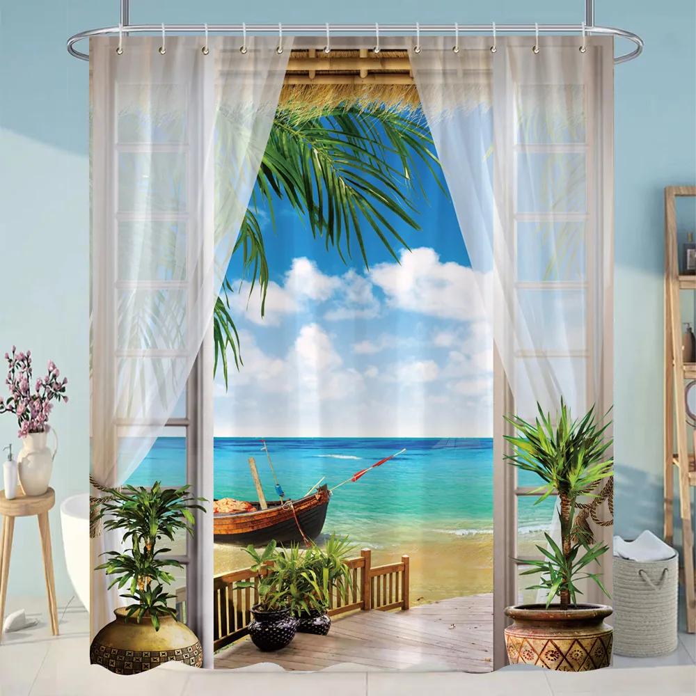 Simulation Window Beach Forest Outdoor Shower Curtain Tropical Seaside Landscape Bohemian Cloth Hanging Curtains Bathroom Decor