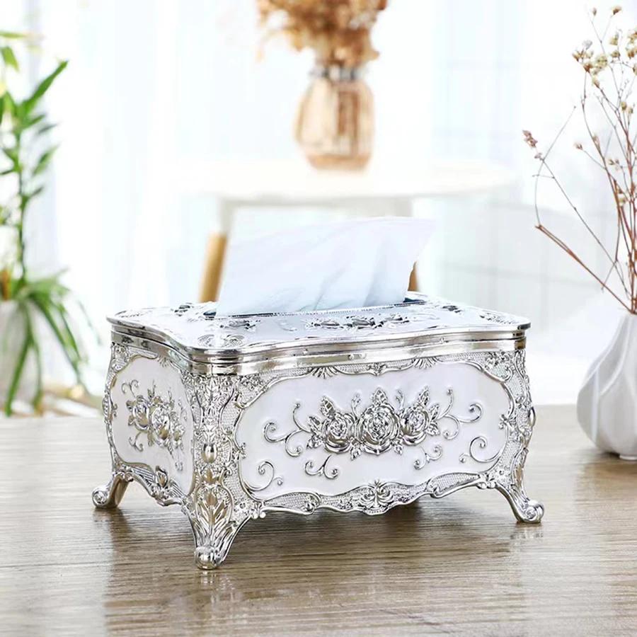 European-style Tissue Box Living Room Desktop Tissue Box Retro LuxuryTissue Case Rose Patterned Napkin Holder Home Decoration