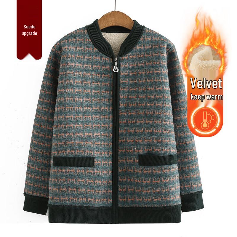 

Elderly Women s Fleece Plaid Zipper Cardigan Coat 3XL