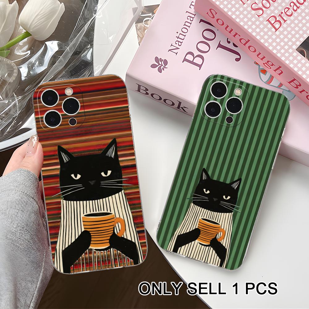 Cute Coffee Cat Clear TPU Mobile Case for iPhone 17 16 15 14 13 12 11 X XR XS Air Pro Max Plus Mini Colorful Cover