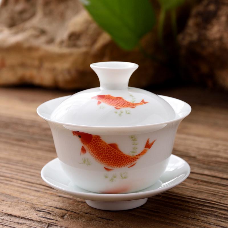 3.4-Inch Blue & White Ceramic Gaiwan Tea Set - 3-Piece, 100ml Capacity