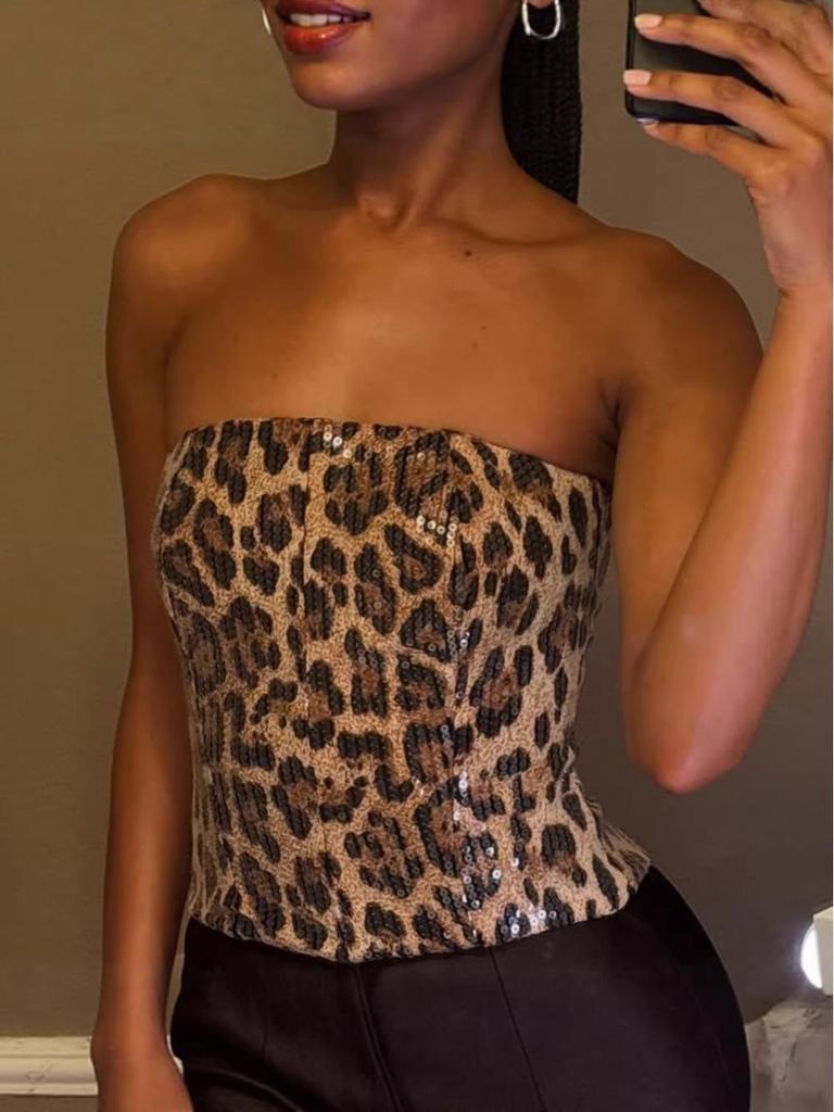 2025 European & American Leopard Print Sequin High-Waisted Zipper Bustier Crop Top Women's Fashion