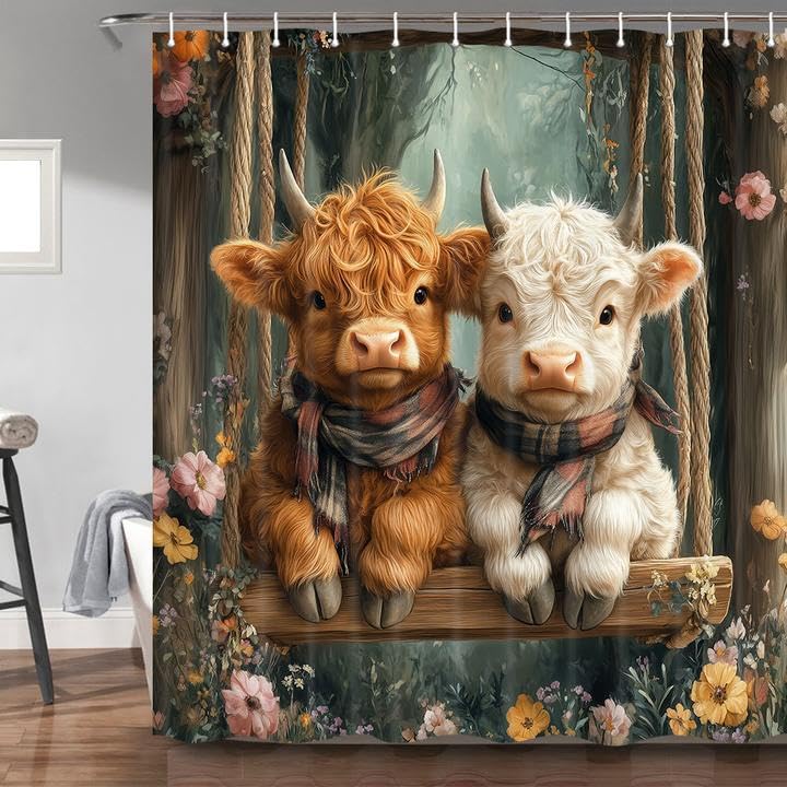 Highland Cow Shower Curtain Rustic Bull Western Farmhouse Cattle Country Restroom Accessories Funny Farm Animal Bathroom Decor