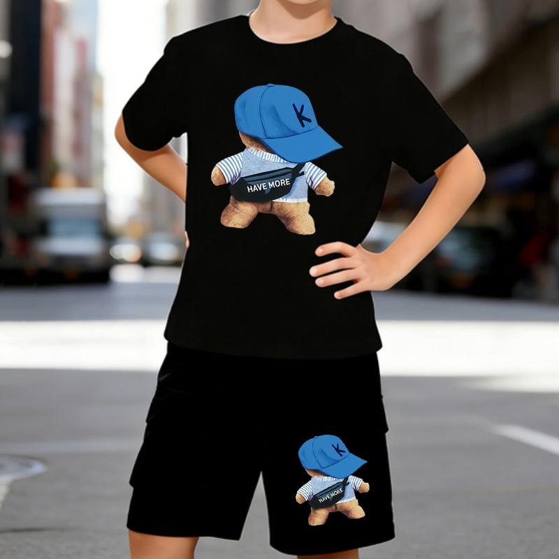 

Boys 2 Piece Cute Cartoon Bear Printed Outfit, Short Sleeve T-Shirt and Shorts Set for Kids Age 5-14,white,Black Sporty Casual Summer Clothes 5-6 Years чёрный