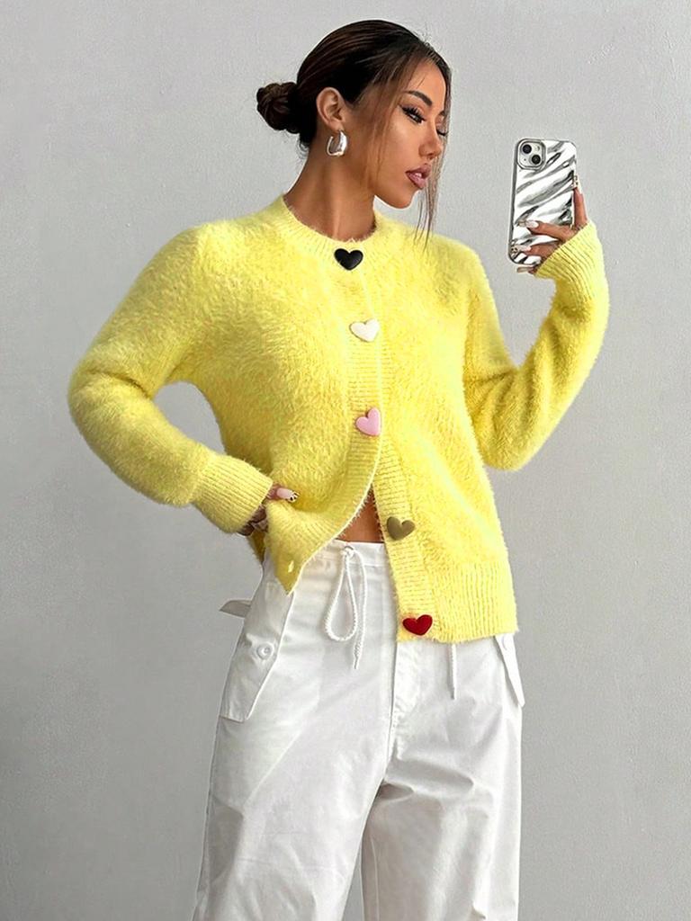 Fall Winter Women's Elegant Fashion Cardigan Sweater Solid Color Crewneck Casual Colorful Heart Button Open-Front Knitwear for Women