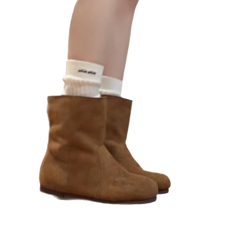 Retro Suede Fairy Wind European and American Locomotive Women's Knight Boots Autumn and Winter Mori Versatile Short Boots Flat-bottomed Fashion Boots