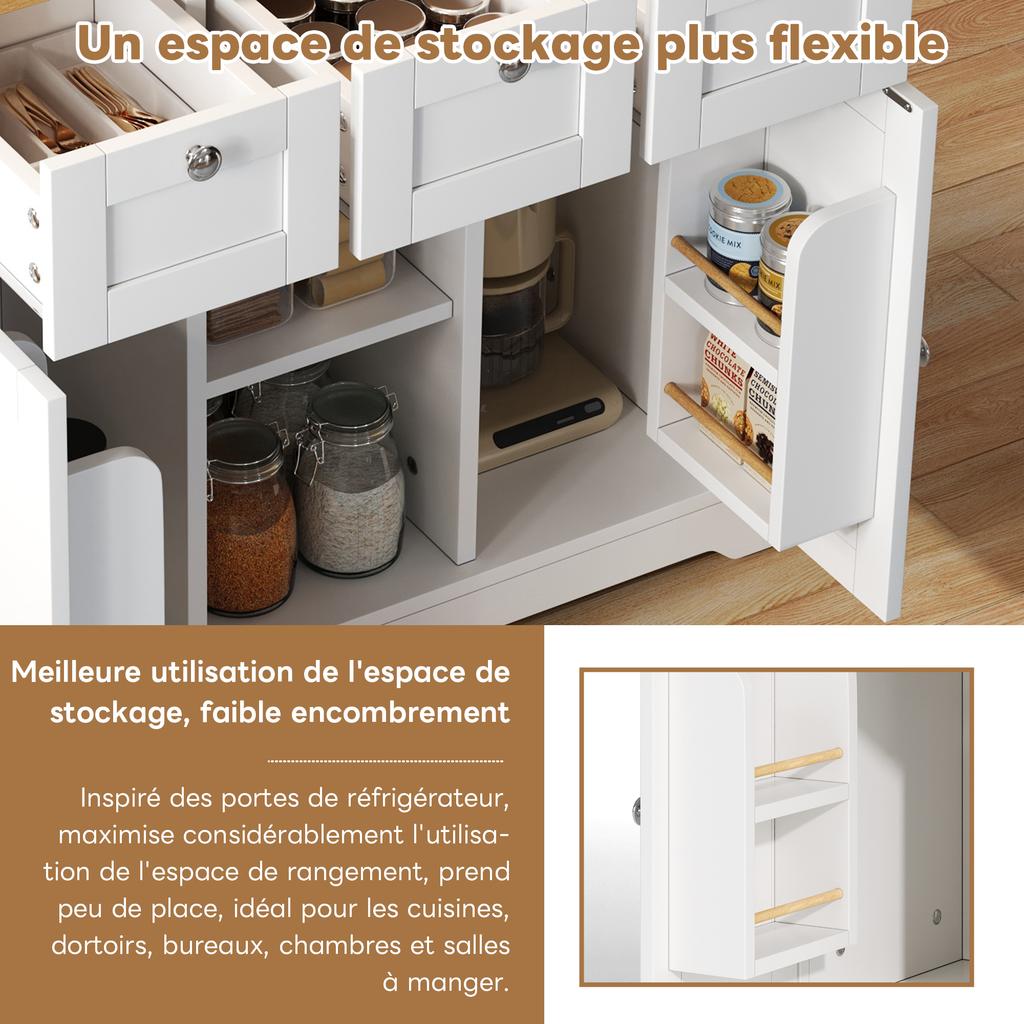 132cm Mobile Kitchen Table, Country House Style, Foldable Countertop, Multifunctional Cabinet, Spice Rack, Towel Holder, 4 Wheels, Integrated Socket