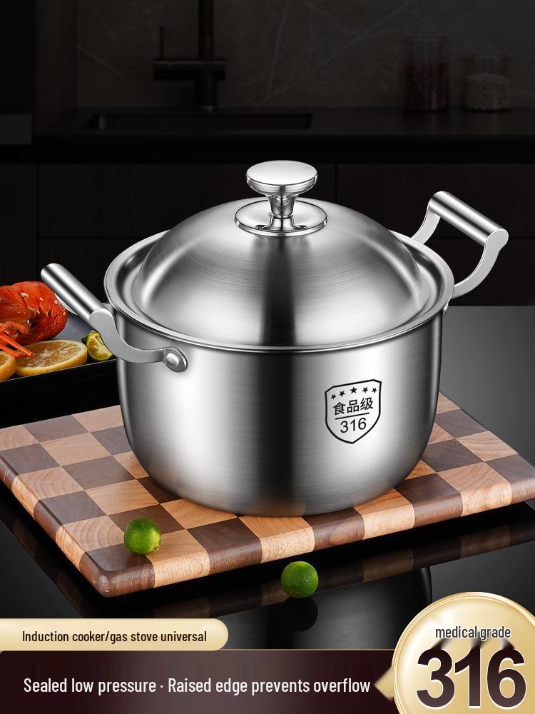 Extra Tall 316 Stainless Steel Stockpot with Anti-Overflow Lid, Large Capacity, No Coating, Perfect for Porridge, Steaming, and Stews.
