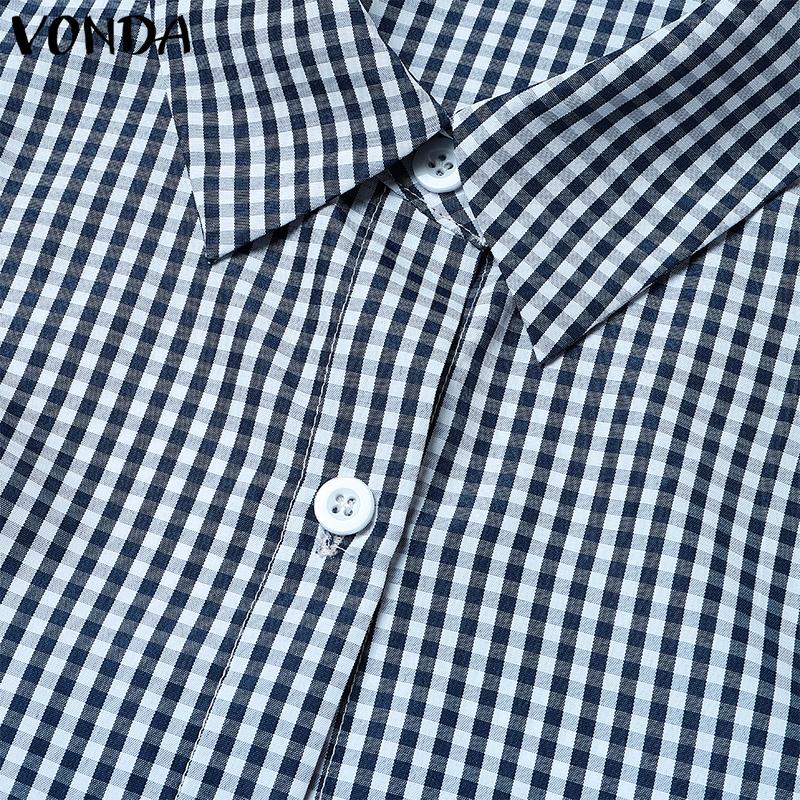 VONDA Women Lapel Neck Long Sleeve Plaid Casual Long Jumpsuits Overalls