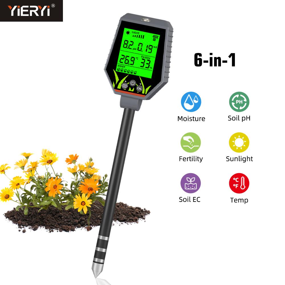 Yieryi 6-in-1 Digital Soil Tester Meter for PH,Moisture,Fertility,TempSunlight&Humidity Portable Soil Nutrient Analyzer with LCD