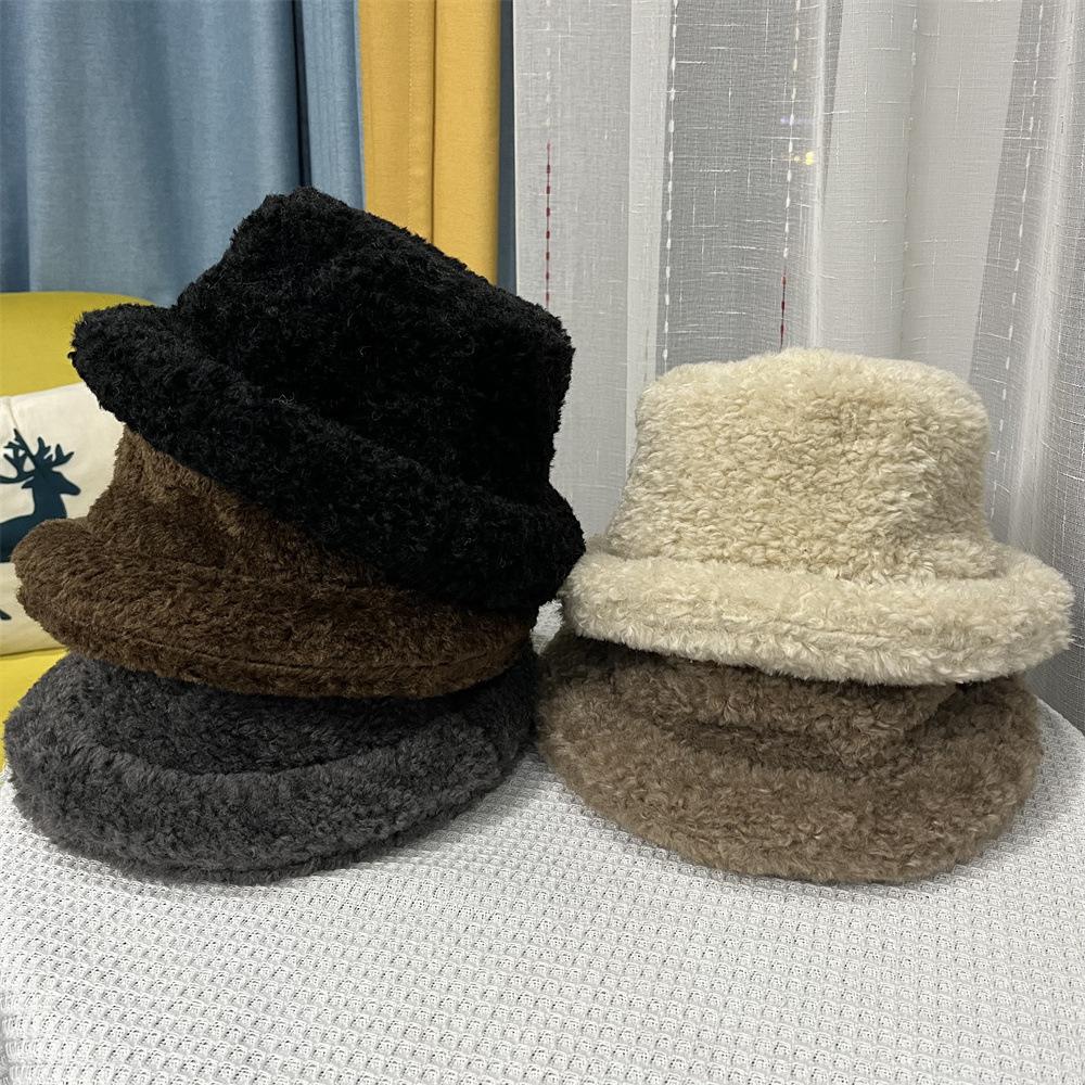 Lamb Wool Crimped Basin Hat Women's Autumn and Winter Face Small Dome Top Hat Fashion Versatile Warm Fisherman Hat