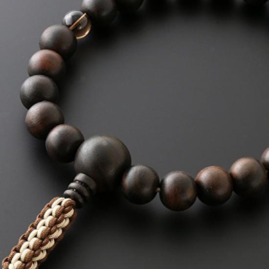 Men's Buddhist Prayer Beads by Kyoto Butsudan Hayashi, Pure Silk with Braided Tassel, Striped Ebony and Two-Ten Brown Crystal Finish [Prayer Beads