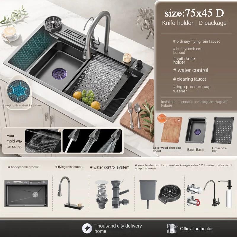 Embossed Honeycomb Flying Rain Waterfall Sink Handmade Kitchen 304 Stainless Steel Large Single Slot Vegetable Wash Basin Sink