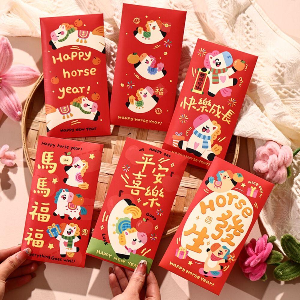 6pcs/set Horse Zodiac Red Envelopes Color Printing Cash Packets Luck Money Bag  Gift Giving