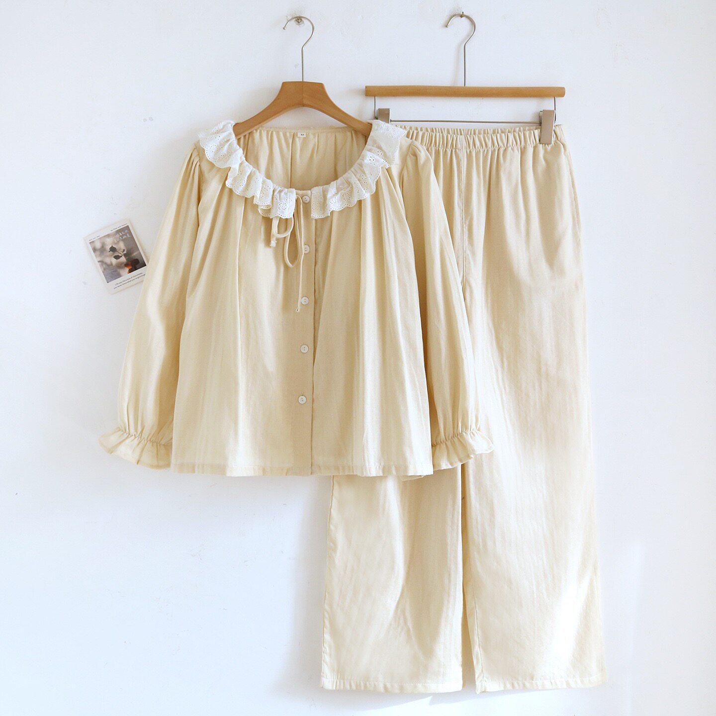 

Women s Pure Cotton Pajama Set with Built-in Bra, Lace-Trimmed Gauze, Long Sleeve Cardigan; Versatile for Spring/Autumn, Indoors or Outdoors. Extra Large