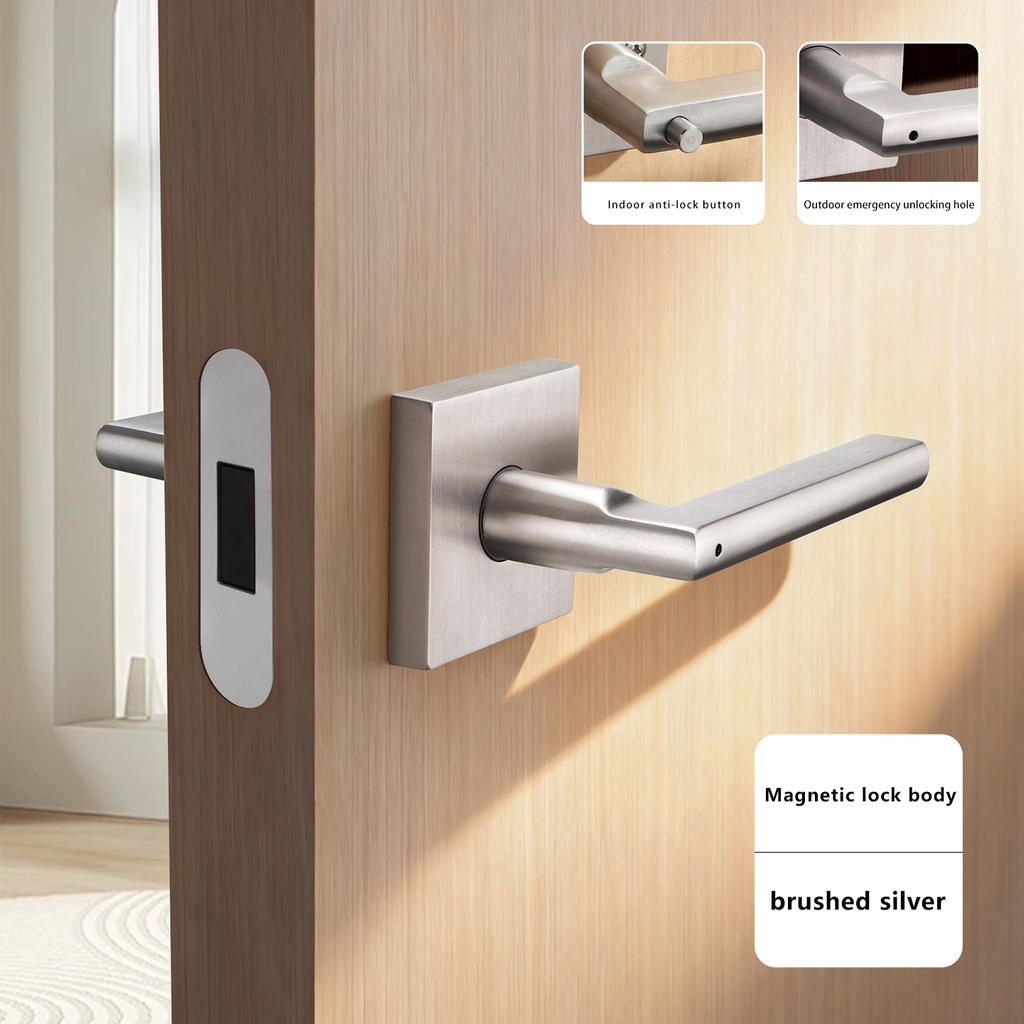 Home Use 304 Stainless Steel Square Handle Door Lock Magnetic Absorption Keyless Indoor Bathroom Silent Door Knob Lock