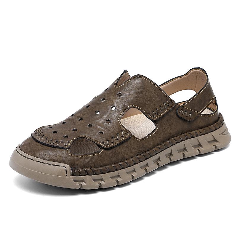 Men s 2025 Summer Casual Leather Slip-On Sandals: Breathable, Anti-Slip, Soft Sole 45 хаки