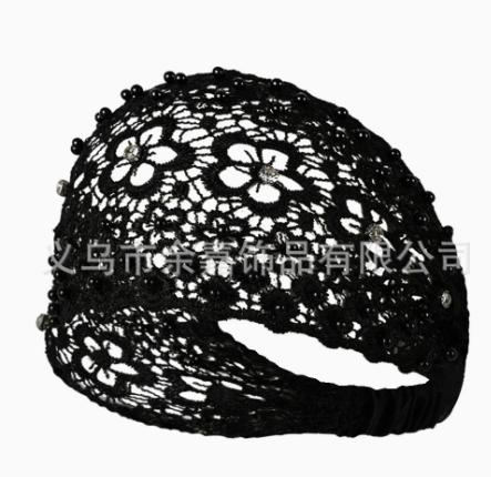 Hollowed-out lace pearl headband, beaded, popular Douyin (), wide , covers gray hair, women s headband, hair accessory 17-1, black. One Size