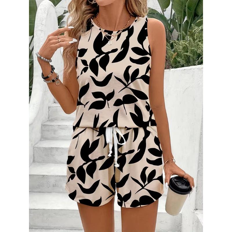 Women Zebra Print Sleeveless Top And Drawstring Shorts Two Piece Set