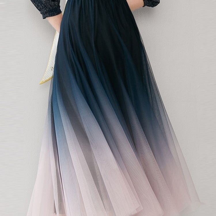 Women High Waist A-Line Mid-Length Gradient Mesh Tulle Skirt Fashion Spring Summer Half Skirt