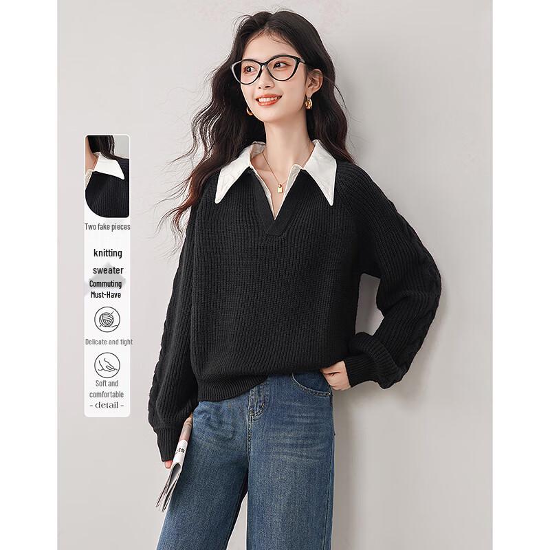 

Sisui Nianhua Women s Faux Two-Piece Long-Sleeve Sweater One Size