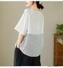 Plus Size Women's Retro Literary Pullover Loose and Thin Striped Blouse Stitching Short-sleeved T-shirt