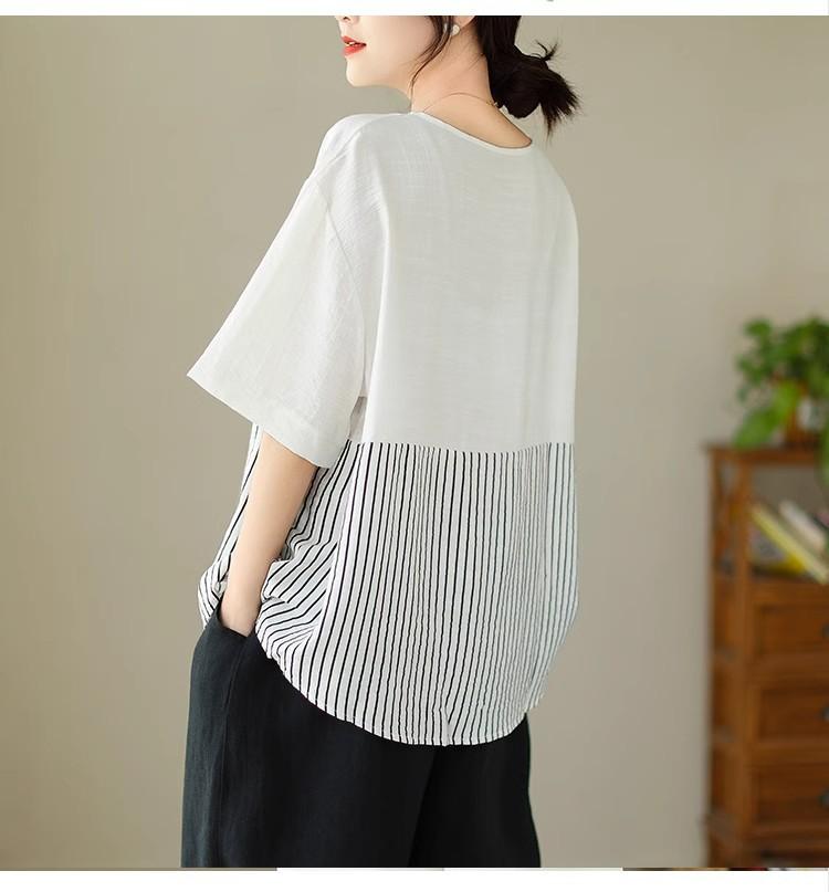 Plus Size Women's Retro Literary Pullover Loose and Thin Striped Blouse Stitching Short-sleeved T-shirt