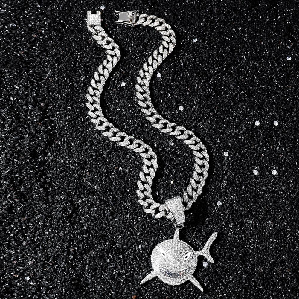 New Arrived Hip Hop Shark Pendant Necklace With 13mm Iced Out Rhinestone Miami Cuban Chain Necklaces Fashion Party Jewelry Gifts