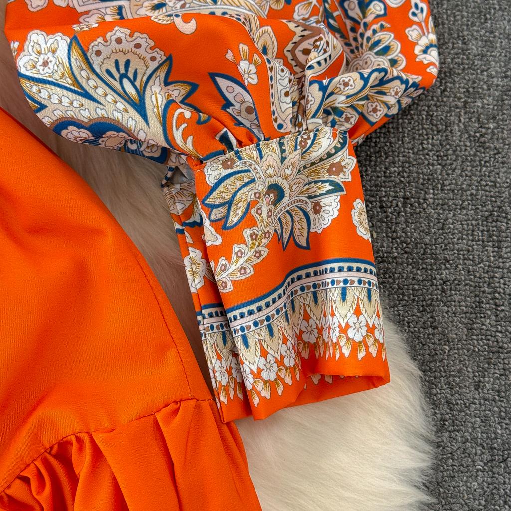 Vintage Langes Kleid für Damen, Frühling, Herbst, Blumendruck, Robe, Stehkragen, elegant, einreihig, Schnürgürtel, plissiertes Maxikleid