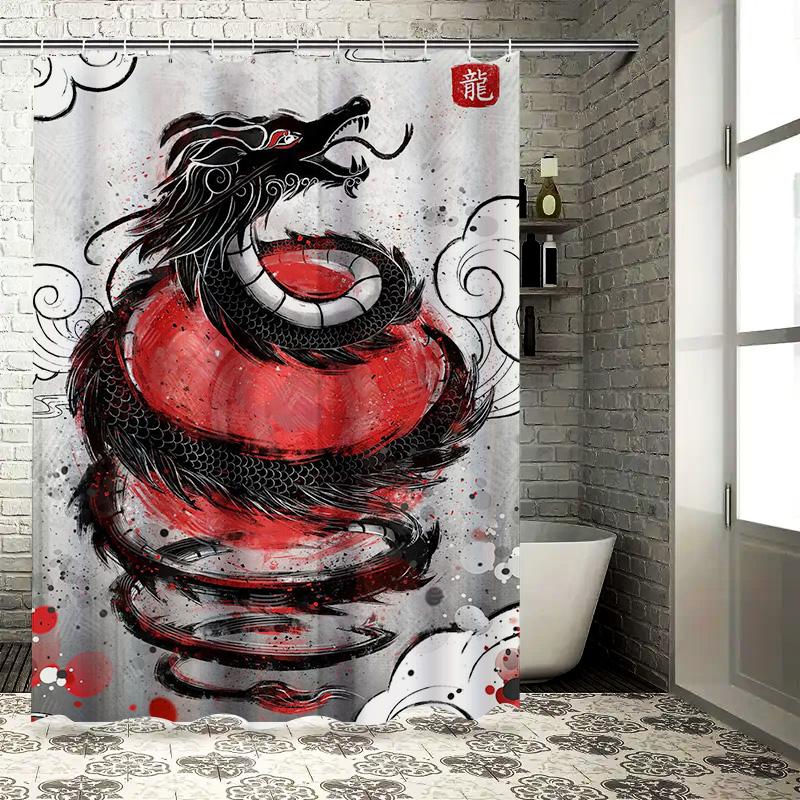 Red and Black Dragon Shower Curtain Waterproof Fabric with Anti-Bacterial Properties for Bathroom Decorations In White Gray Back
