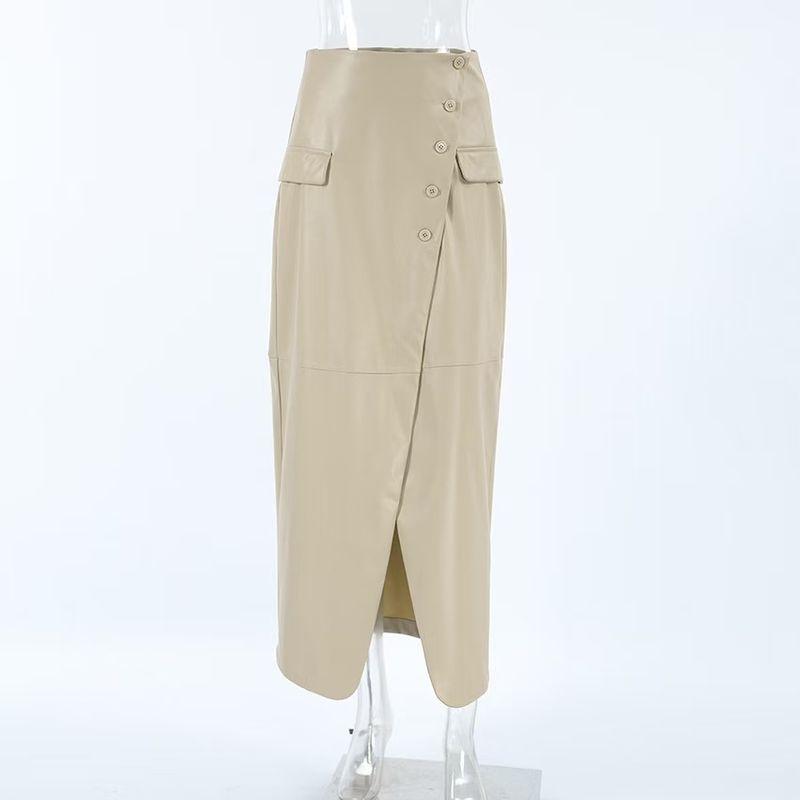 

Французский стиль Новинка Флисовая подкладка Искусственная кожа Юбка с разрезом с высокой талией Юбка-карандаш из искусственной кожи с разрезом Khaki S