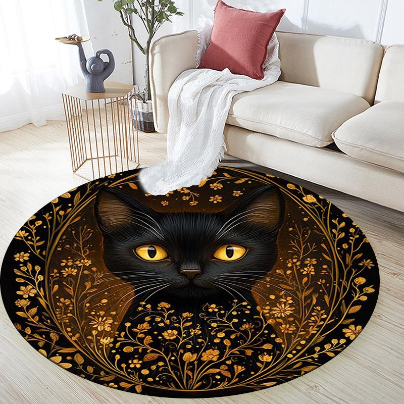 Golden Framed Black Cat Round Area Rug,Carpet Rug for Living Room Bedroom Sofa Playroom Decor,Non-slip Floor Mat
