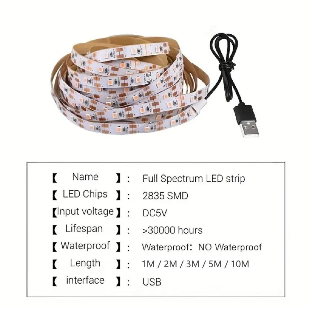 DC5V Full Spectrum Plant Grower Flower Light 1m/2m/3m/5m/10m USB Interface SMD Flexible Tape Suitable for Indoor Seedlings Seeds