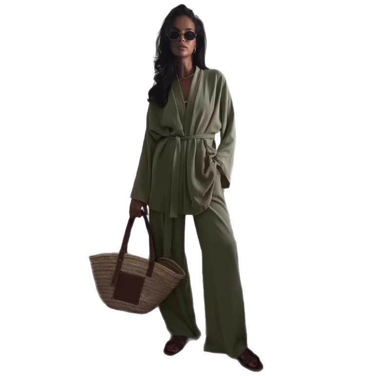 Women's Autumn Casual Two-Piece Set: Waist-Cinching Belted Cardigan & Long Pants