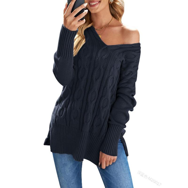 

JKASHDK Женская мода повседневная однотонная принтованная осень-зима с длинным рукавом свитера с V-образным вырезом XXL темно-синий